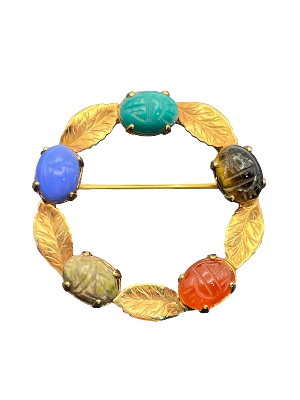 Egyptian Revival scarab beetle multi colored stone gold tone leaf brooch pin